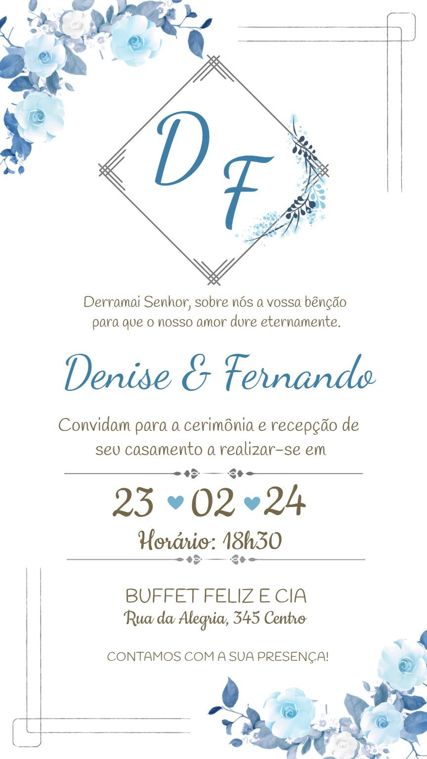 Convite de Casamento Floral Azul com Monograma para Editar
