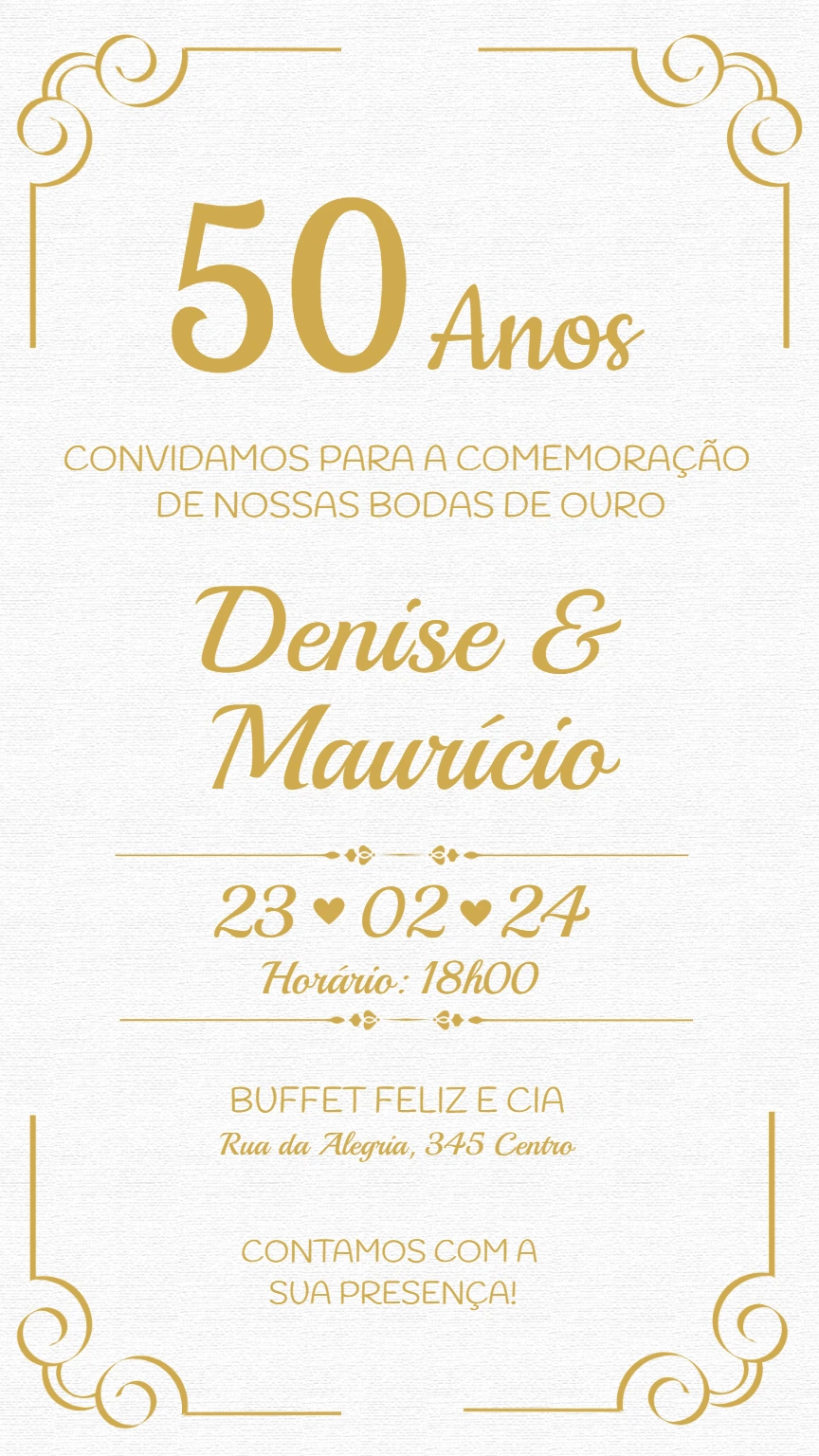 Convite Bodas de Ouro Elegante para Editar Online