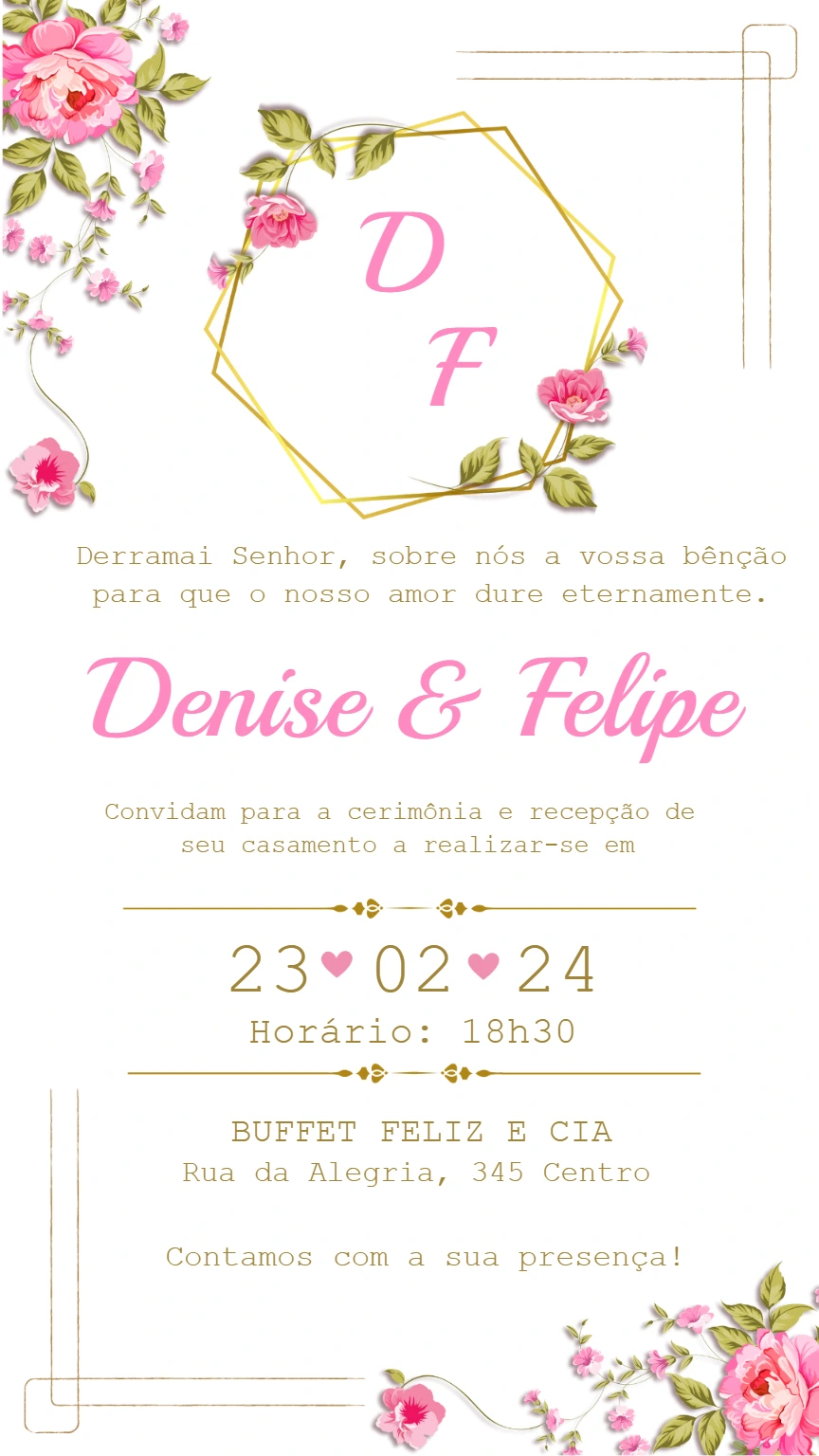 Convite de Casamento Floral com Rosas para Editar Online
