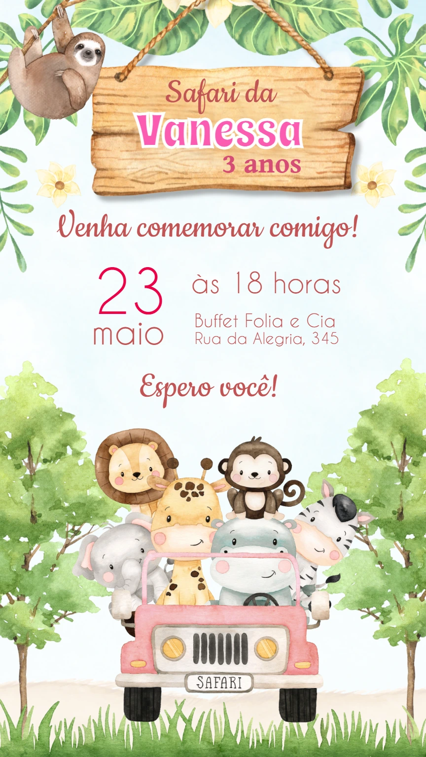 Convite Aniversário Safari com Animais Fofos para Editar Online