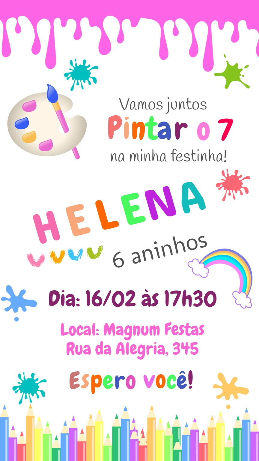 Convite de Aniversário Pintando o 7 Colorido para Editar