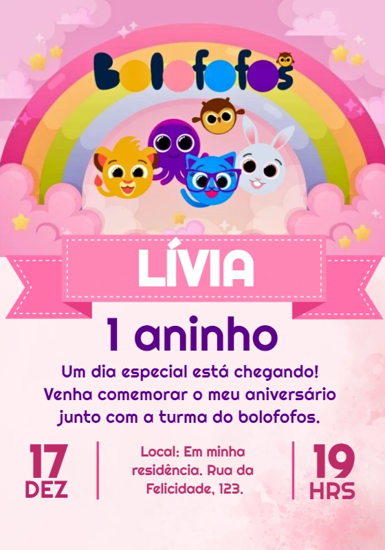 Convite Aniversário Bolofofos Rosa para Menina para Editar Online