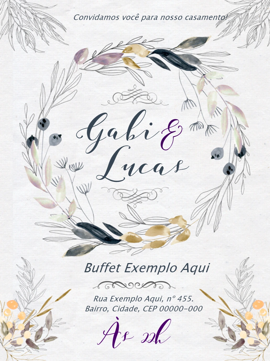 Convite de Casamento Folhagem Aquarela para Editar Online