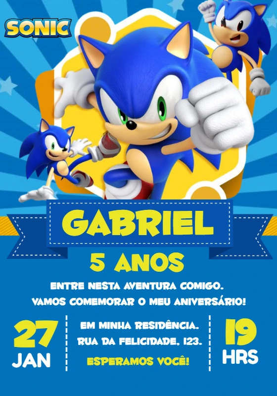 Convite de Aniversário Sonic para Editar Online