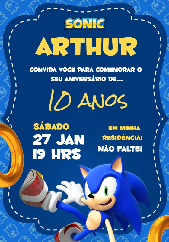 Convite de Aniversário Sonic para Editar Online