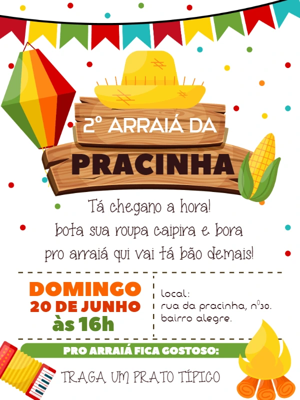 Convite Festa Junina Caipira com elementos típicos para Editar
