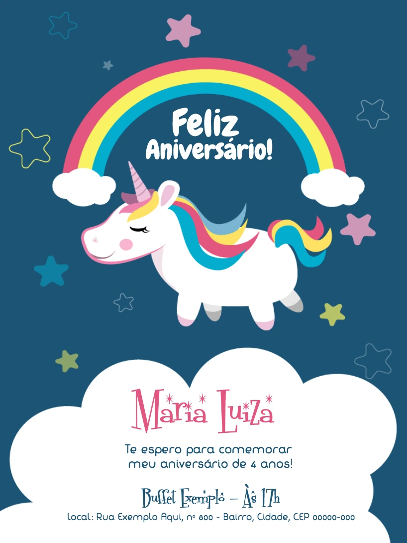 Convite de Aniversário Unicórnio Fofo para Editar Online