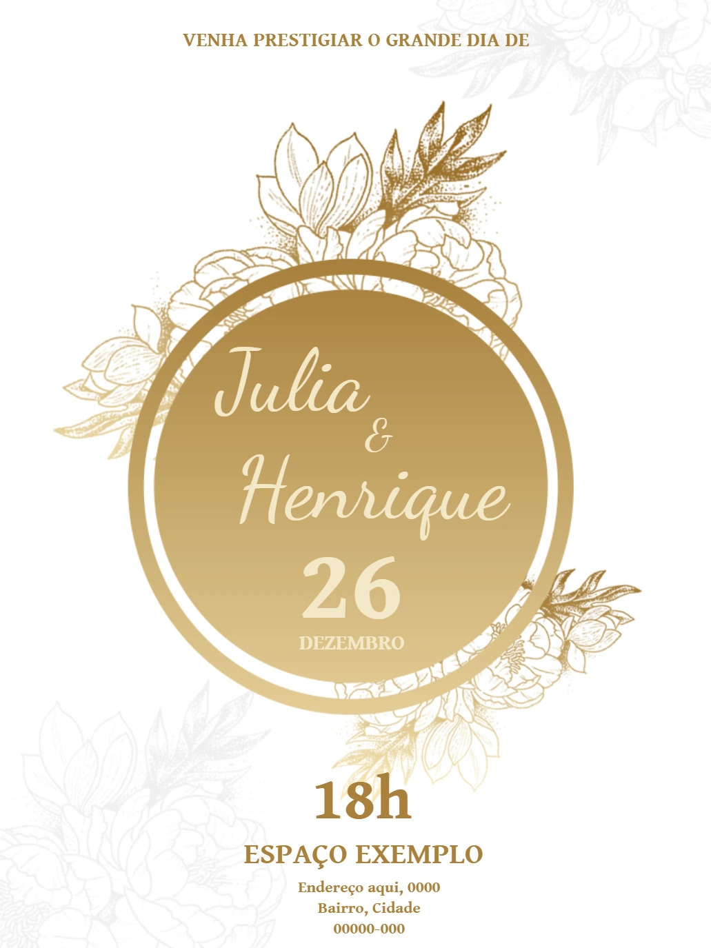 Convite de Casamento Floral Dourado para Editar Online
