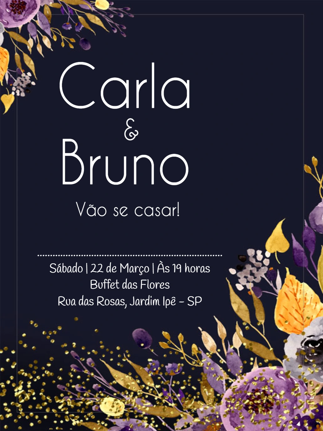 Convite de Casamento Floral Roxo com Glitter para Editar