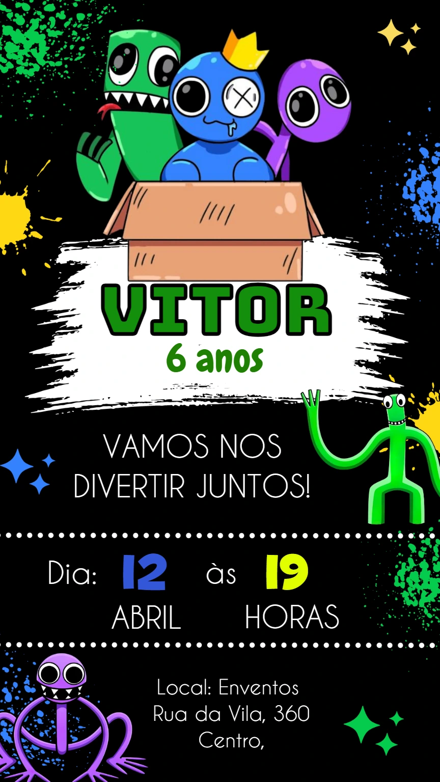 Convite de Aniversário Rainbow Friends para Editar Online