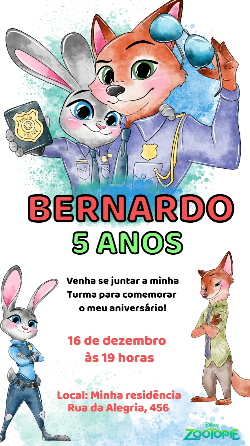 Convite Aniversário Zootopia com Judy e Nick para Editar Online
