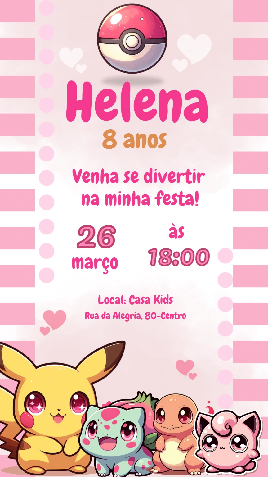 Convite Aniversário Pokémon Rosa Menina para Editar Online