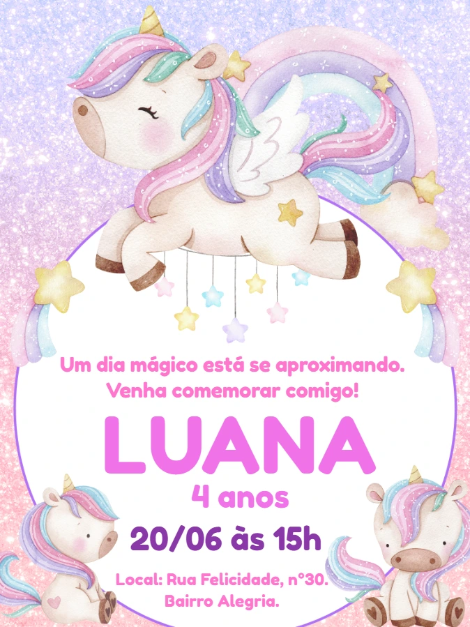 Convite de Aniversário Unicórnio Fofo para Editar Online