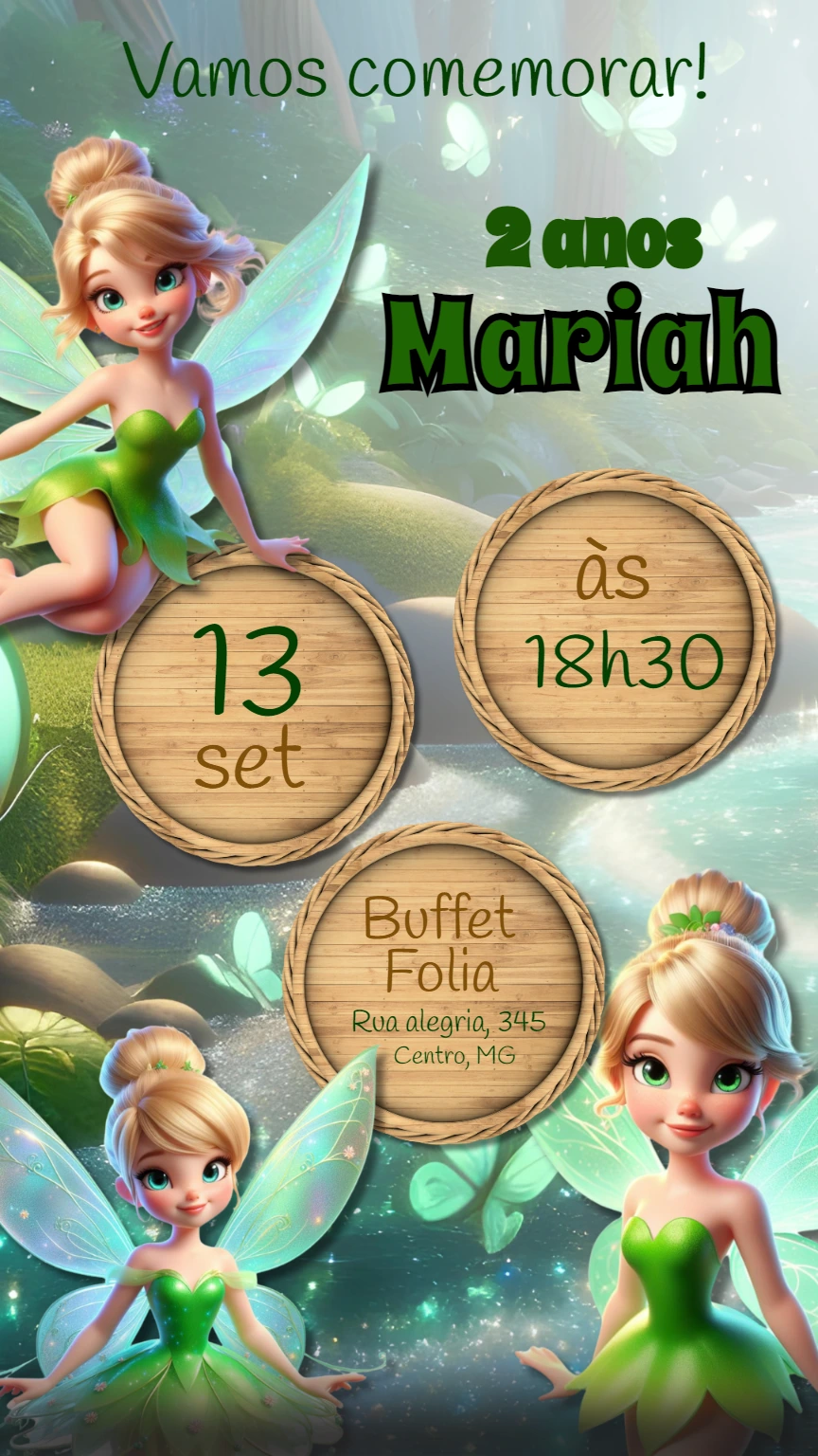 Convite de Aniversário Fadas Sininho Editável Online