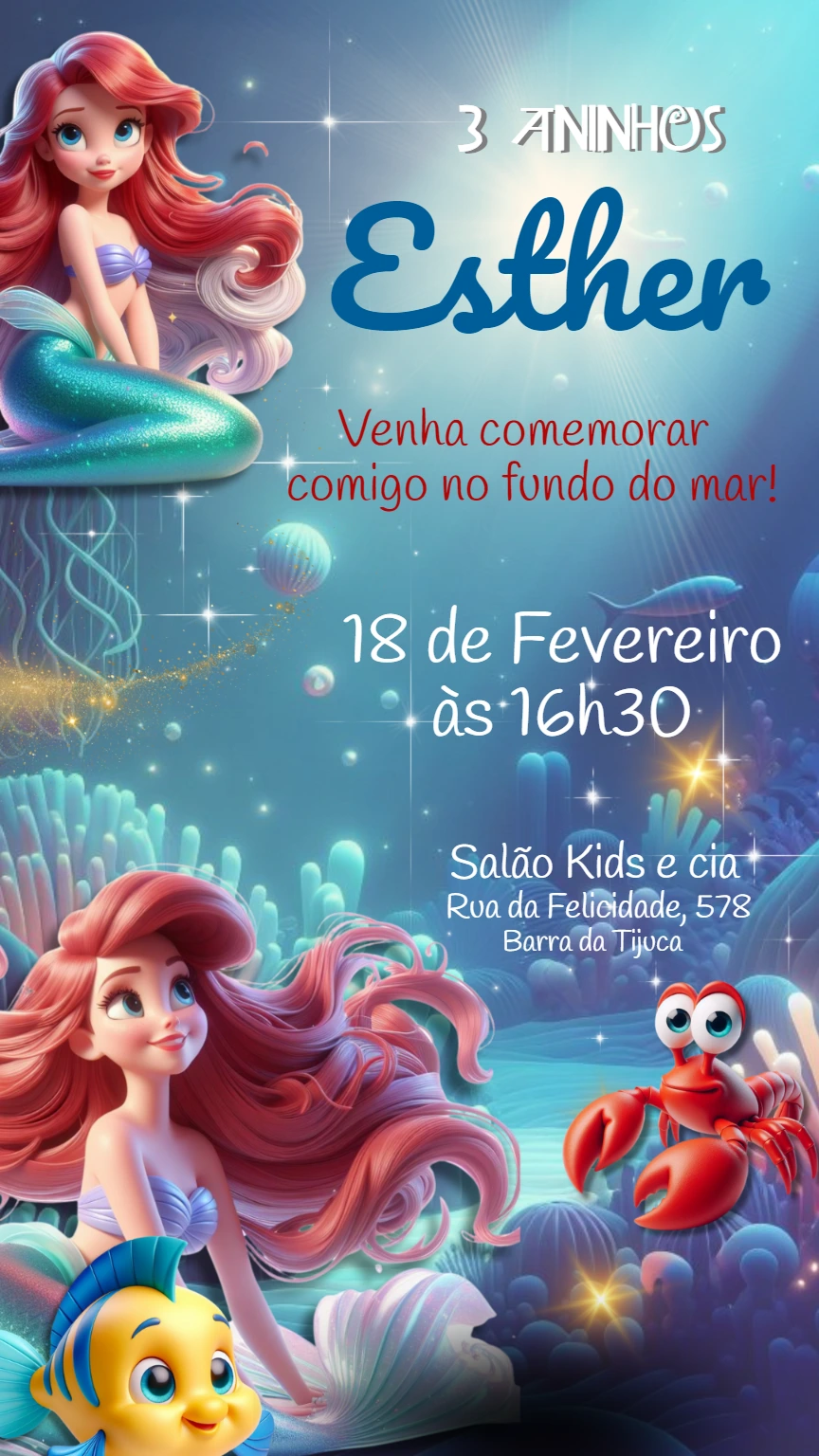 Convite de Aniversário A Pequena Sereia para Editar Online