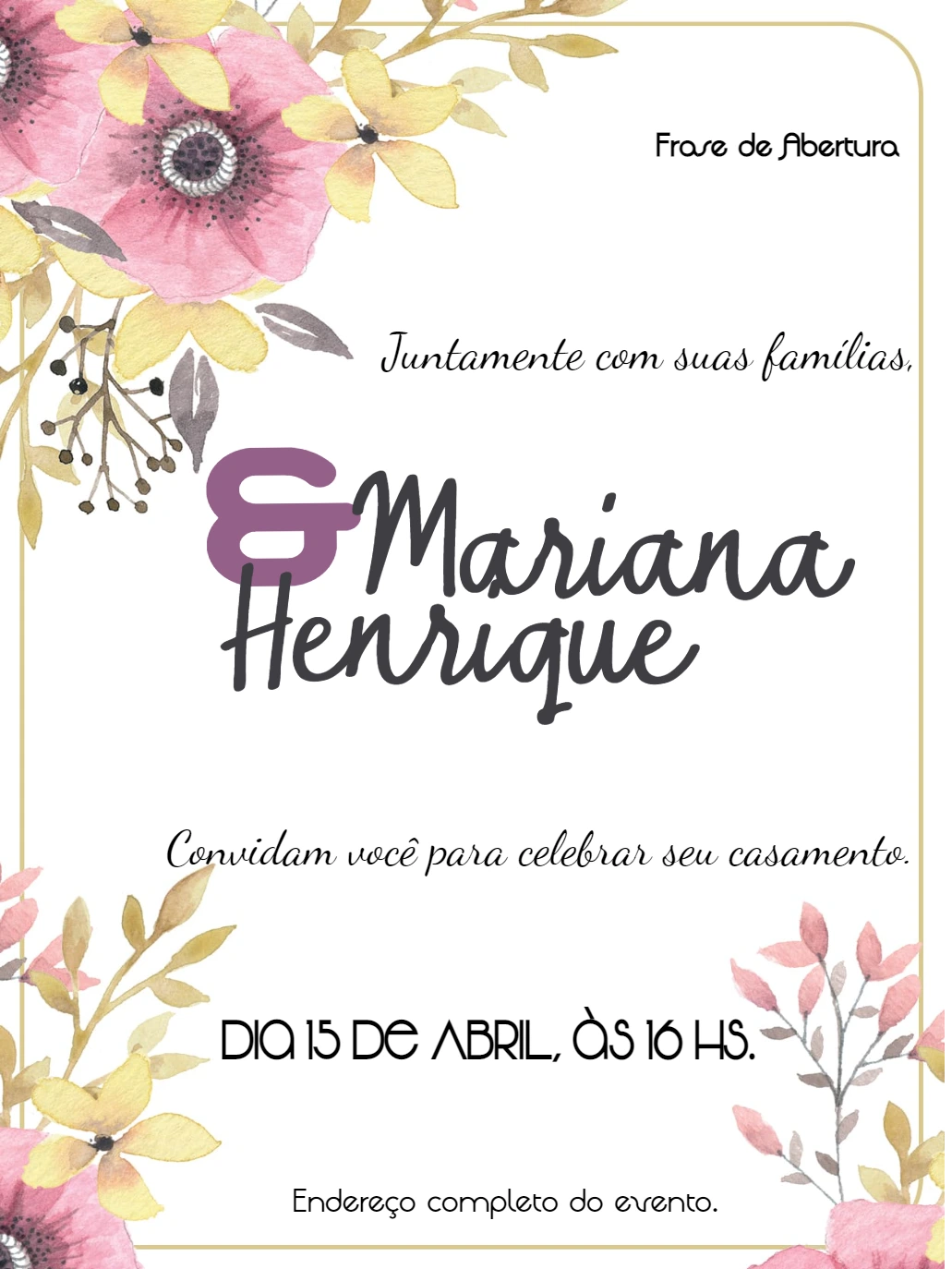 Convite de Casamento Floral Aquarela para Editar Online