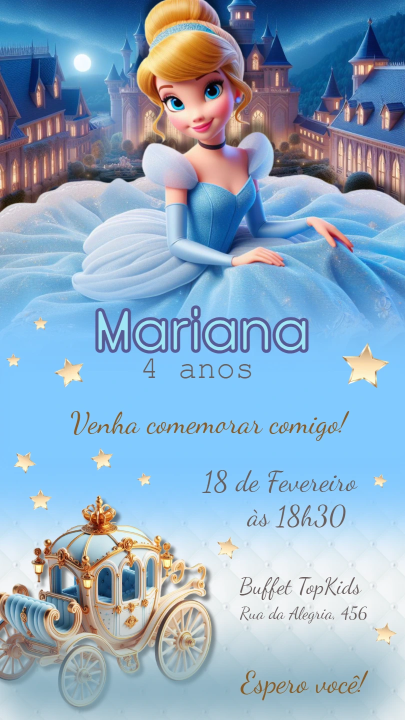 Convite de Aniversário Cinderela Princesa Editável Online