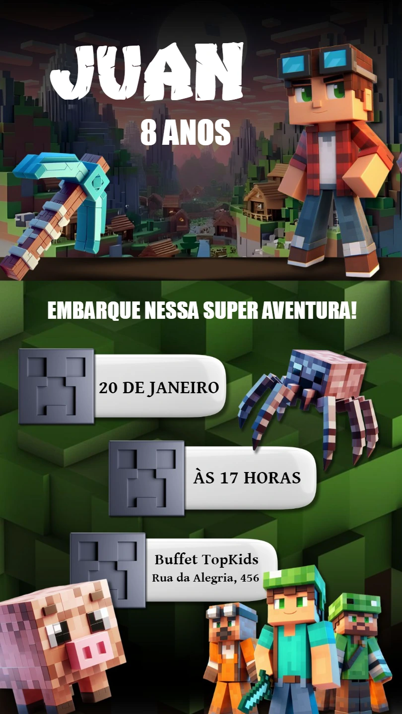 Convite de Aniversário Minecraft com Personagens para Editar