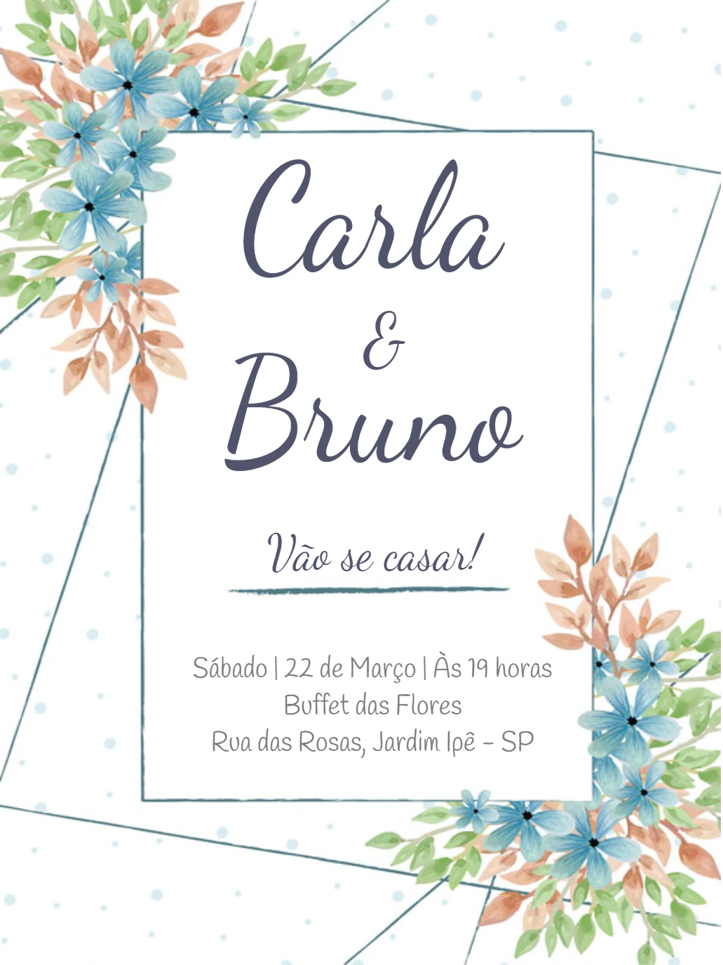 Convite de Casamento Floral Azul para Editar Online