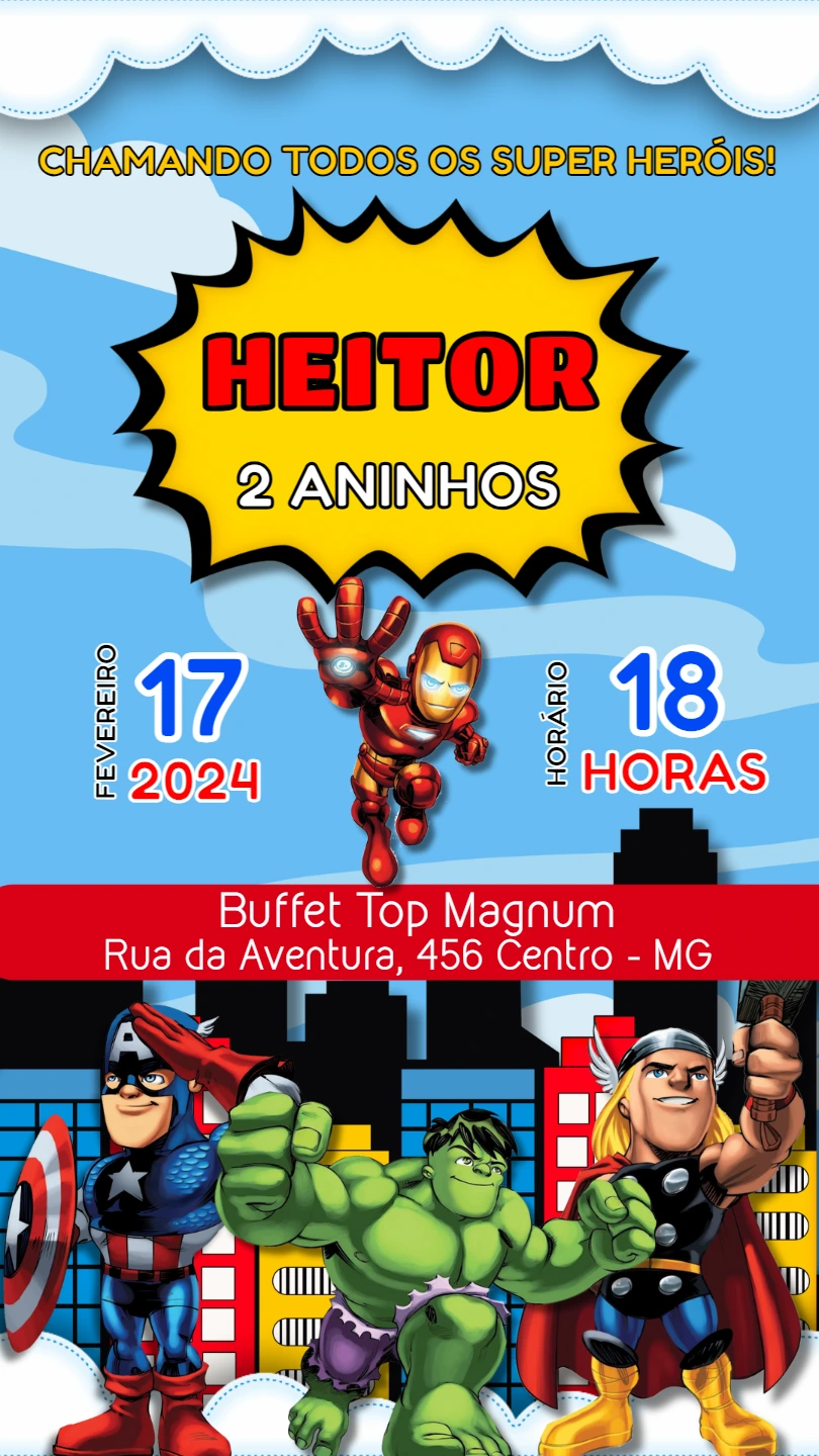 Convite Aniversário Vingadores Cute para Editar Online