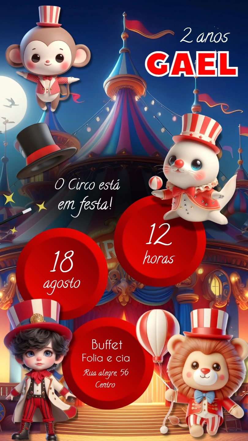 Convite de Aniversário Circo com Animais Fofos para Editar