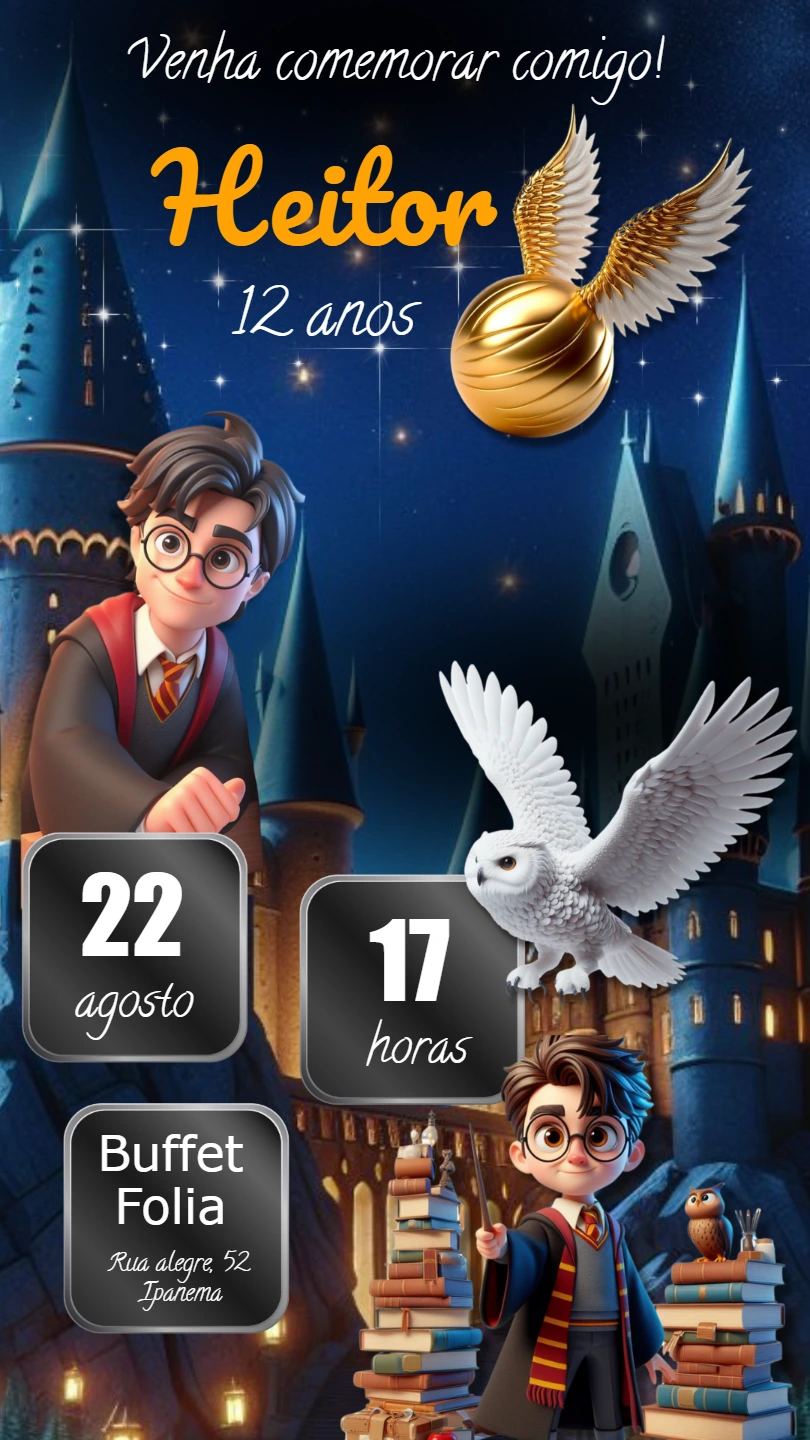 Convite Harry Potter Aniversário Infantil para Editar Online