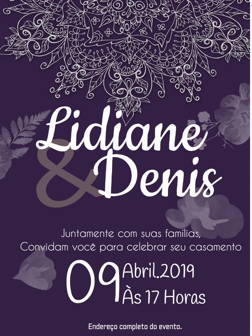 Convite de Casamento Floral Roxo com Mandala para Editar Online