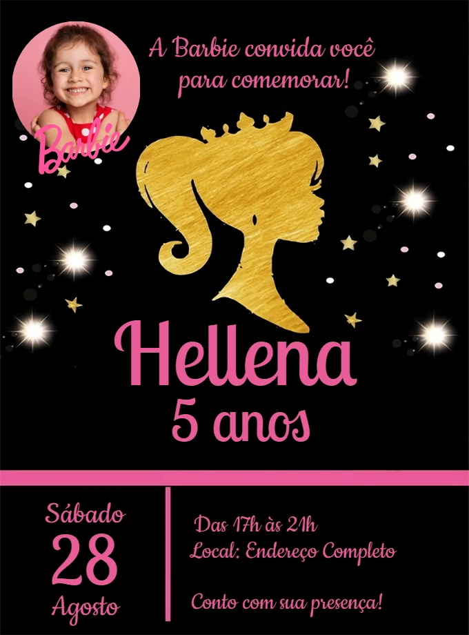 Convite de Aniversário Barbie com Foto para Editar Online
