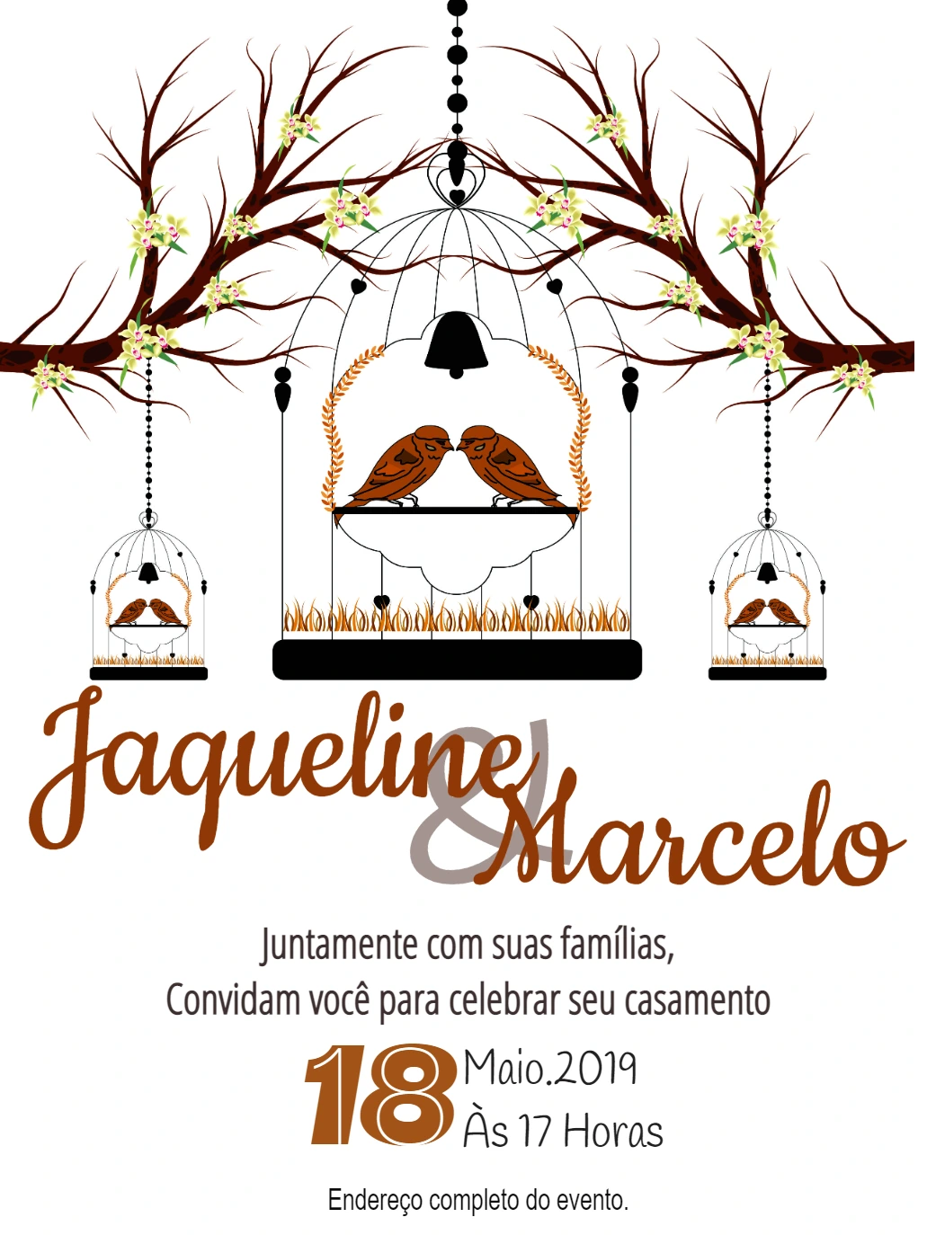 Convite de Casamento Romântico com Pássaros para Editar Online