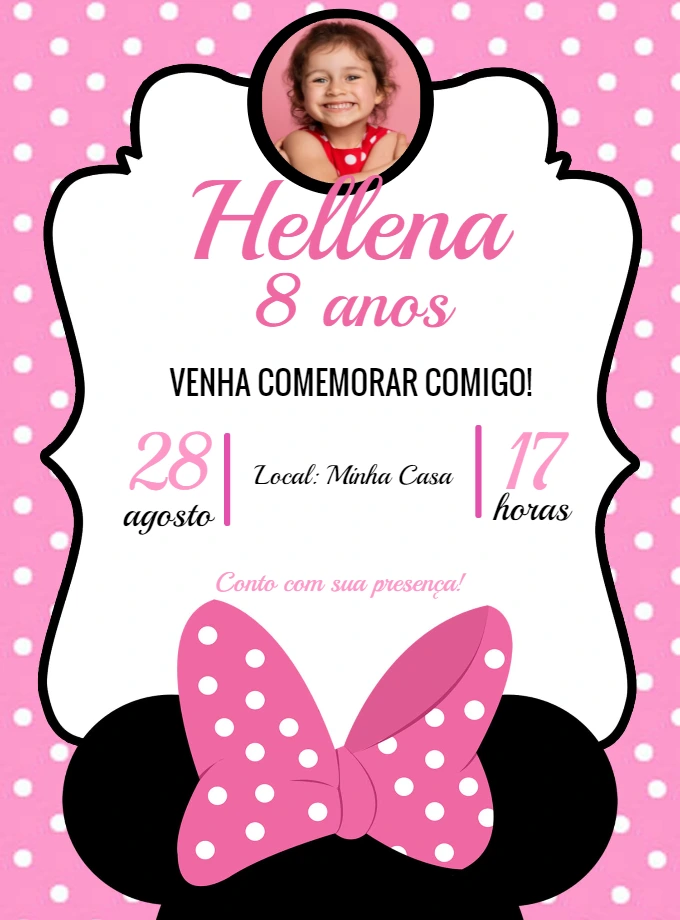 Convite de Aniversário Minnie Mouse Rosa com Foto para Editar