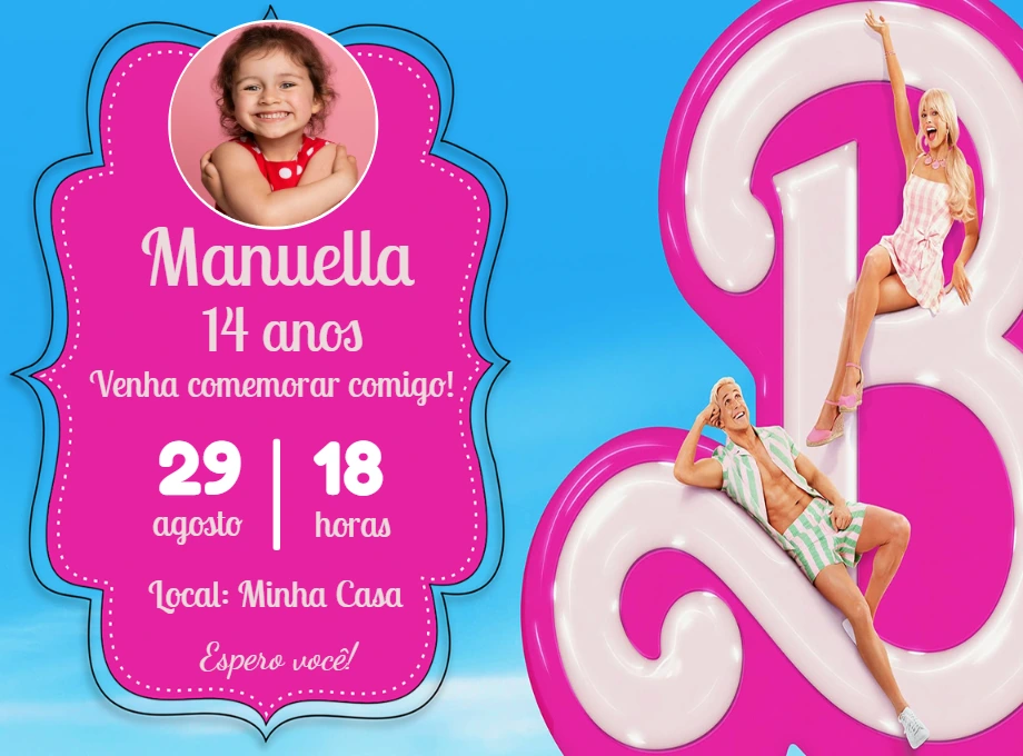 Convite de Aniversário Barbie com Foto Editável Online
