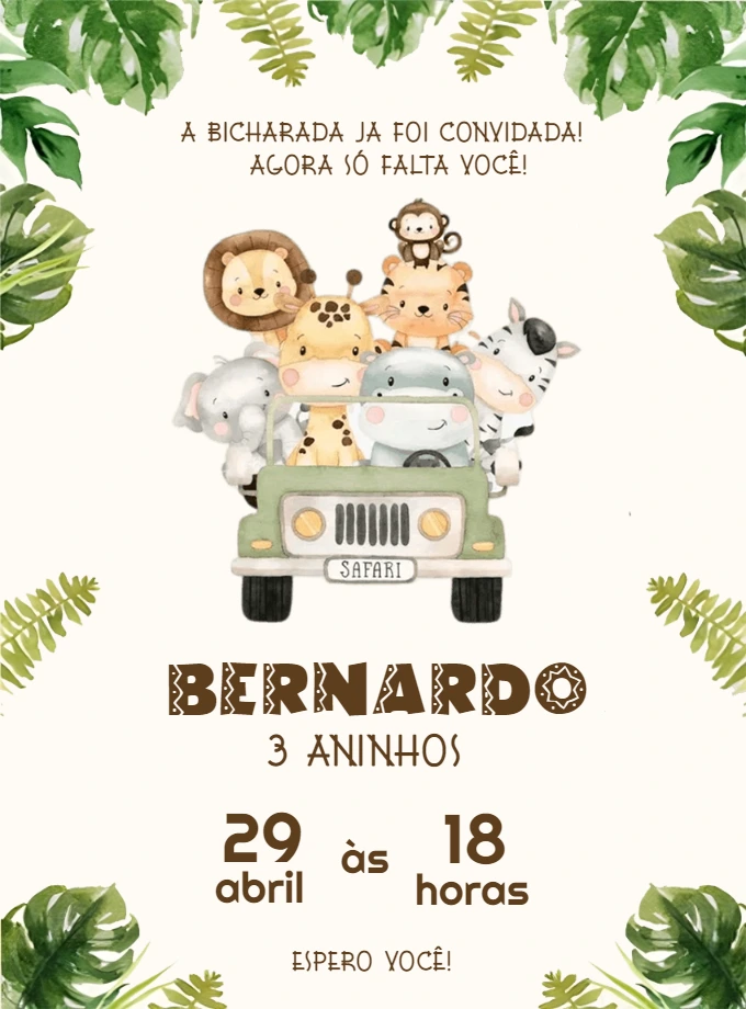 Convite Aniversário Safari com Bichinhos para Editar Online