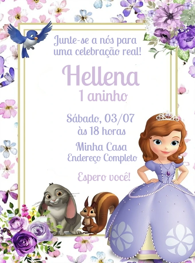 Convite Aniversário Princesa Sofia para Editar Online