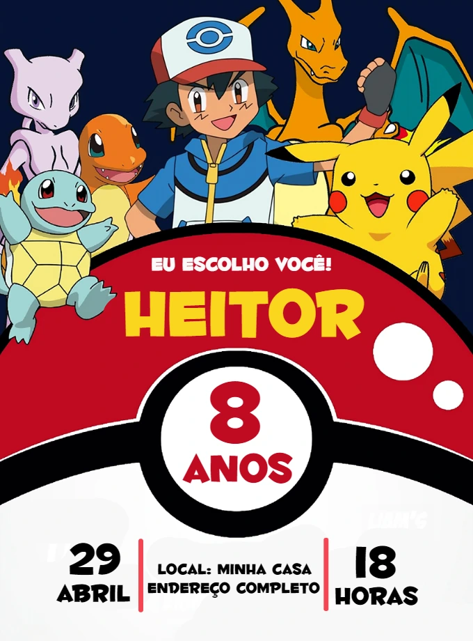 Convite de Aniversário Pokémon com Personagens para Editar Online