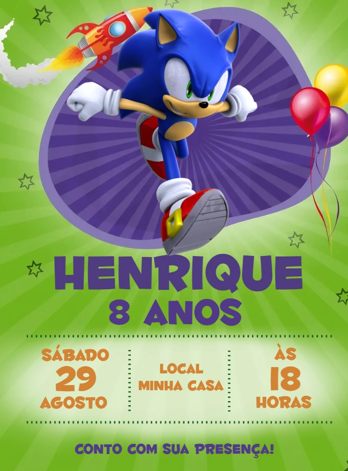 Convite de Aniversário Sonic Editável Online para Imprimir