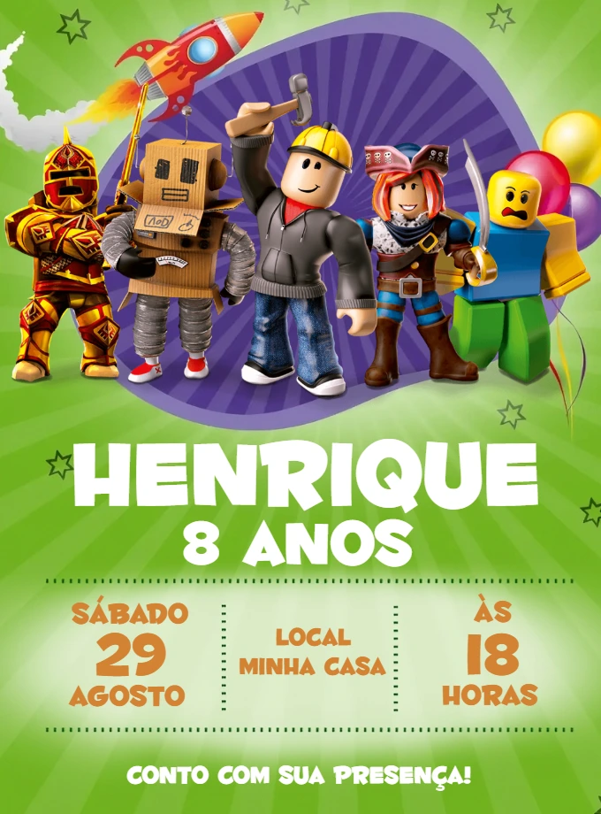 Convite de Aniversário Roblox com Personagens para Editar
