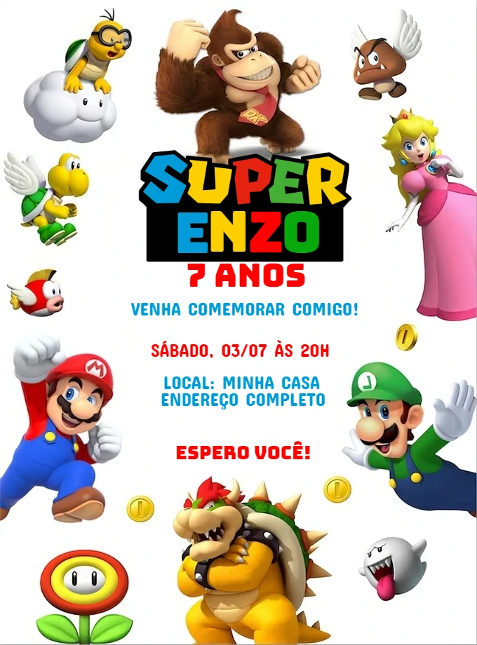 Convite Aniversário Super Mario e Turma para Editar Online