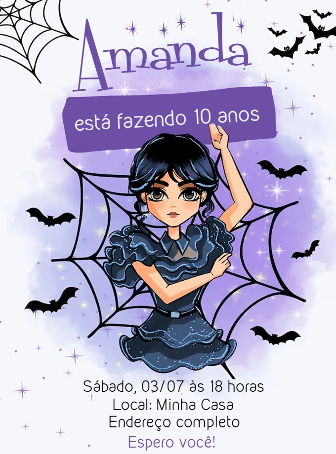Convite Aniversário Wandinha com Personagem para Editar Online