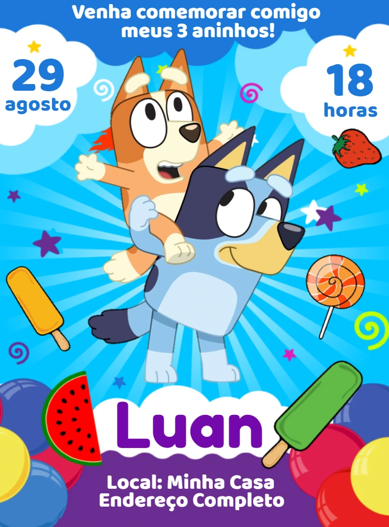 Convite Aniversário Bluey com Personagens para Editar Online