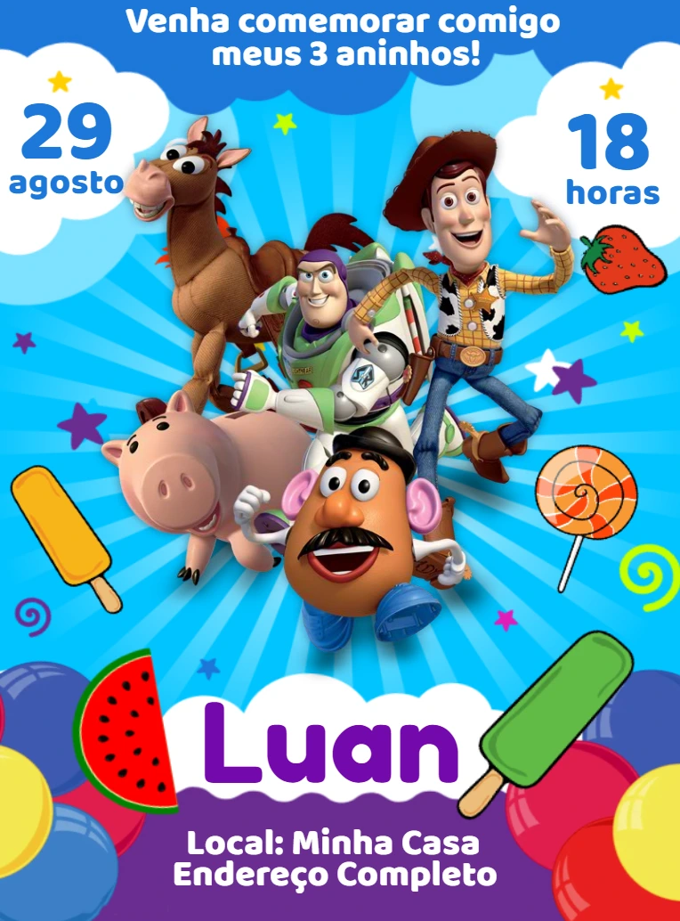 Convite Aniversário Toy Story com Personagens para Editar