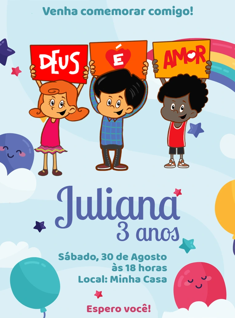 Convite Aniversário Três Palavrinhas para Editar Online