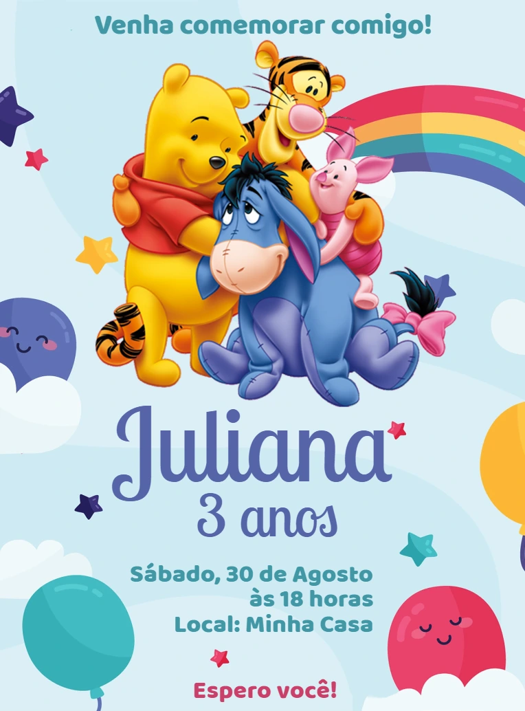 Convite Aniversário Ursinho Pooh e Turma para Editar Online