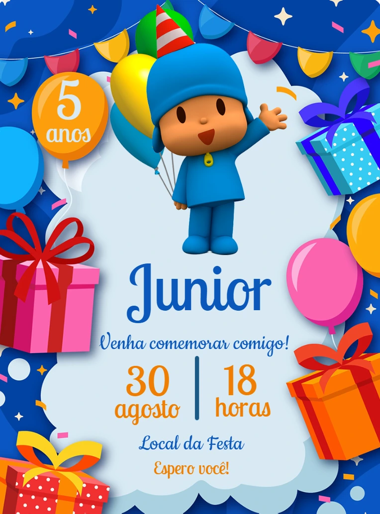 Convite de Aniversário Pocoyo para Editar Online