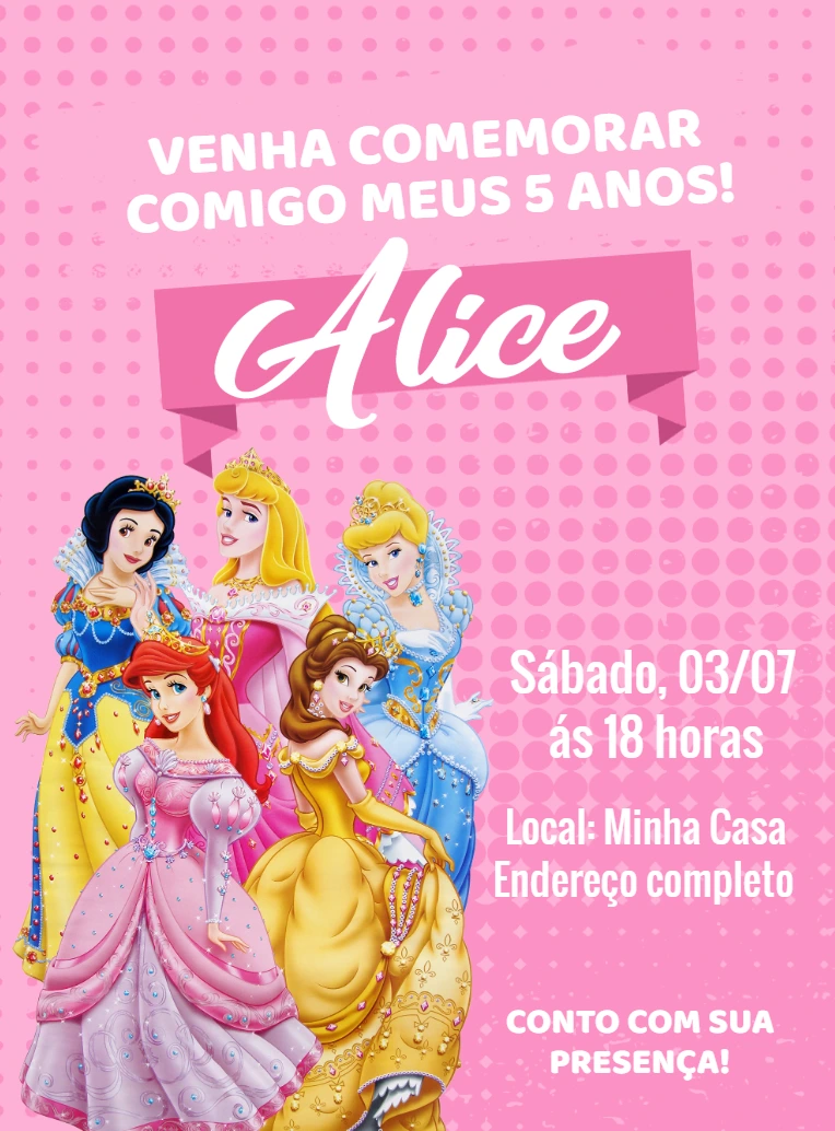 Convite de Aniversário Princesas Disney para Editar Online