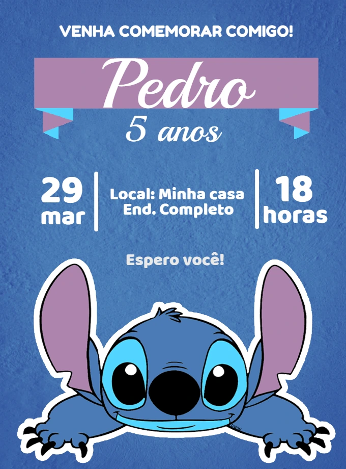 Convite de Aniversário Stitch Editável Online para Imprimir