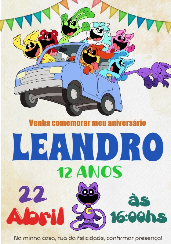 Convite Aniversário Catnap e Smiling Critters para Editar Online