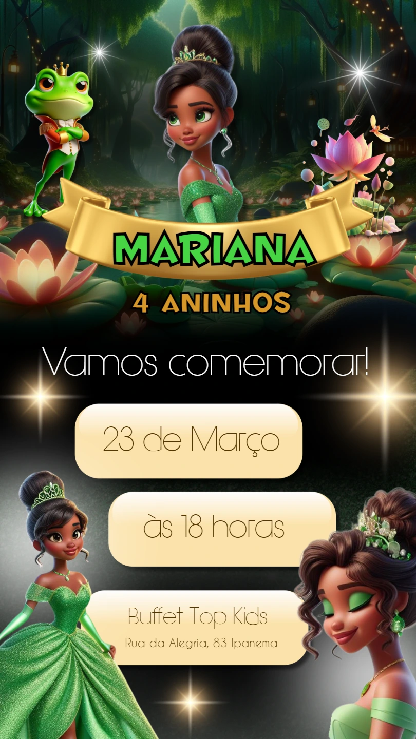 Convite Aniversário Princesa Tiana para Editar Online