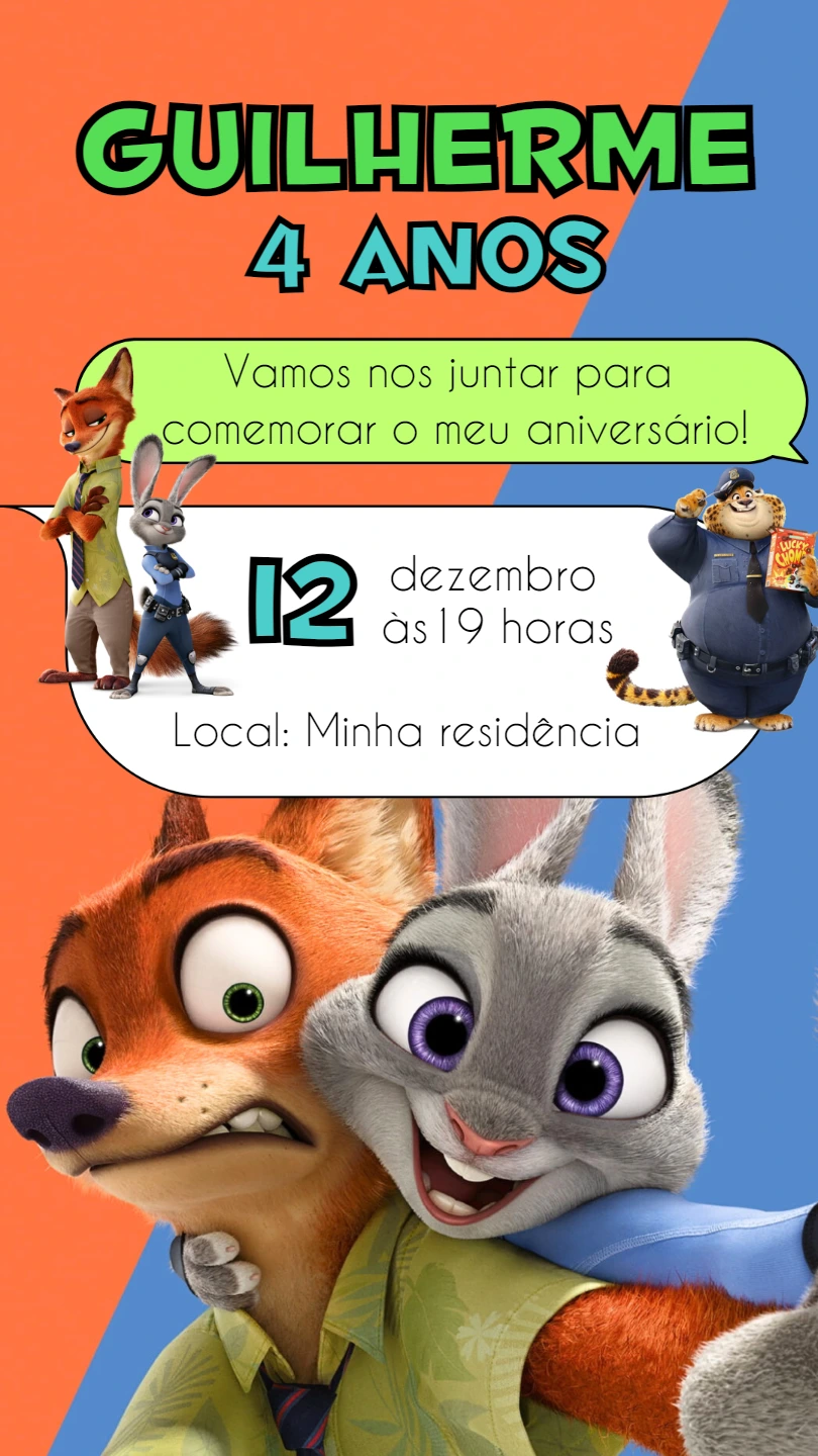 Convite de Aniversário Zootopia com Personagens para Editar Online