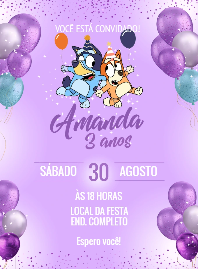 Convite Aniversário Bluey e Bingo para Editar Online