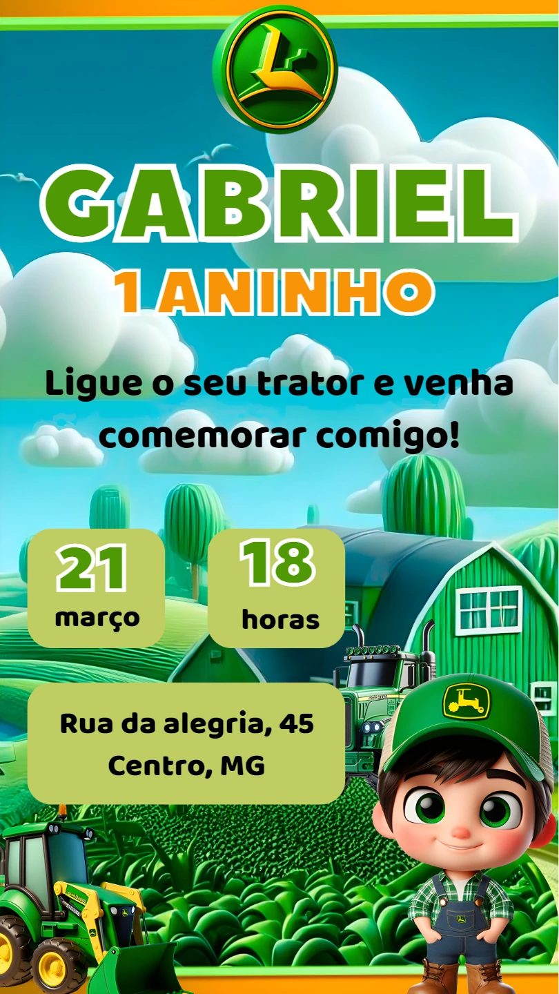 Convite de Aniversário Trator John Deere para Editar Online